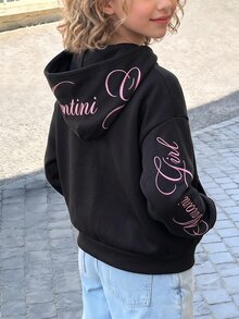 SHEIN 青少年女孩寬鬆休閒極簡舒適日常街頭風粉色字母刺繡連帽寬鬆版型貼袋前開襟拉鍊短版長袖運動衫外套灰色返校穿搭 - 黑色 - 查看 2