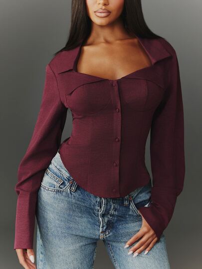NYA SZN Top V Neck Long Sleeve Fitted Satin Chic Streetwear Holiday Elegant Church Brunch Going Out Special Occasion Club Date Night Festival Fall Winter