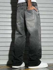 Manfinity EMRG Men's Street Life Gothic Letter Rhinestone Design Gradient Washed Denim Straight Leg Jeans - Black - View 2