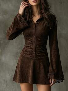 SHEIN Maillard Brown Cinched Cinched Waist Contrast Lace Flare Sleeve Mini Skirt - Coffee Brown - View 3