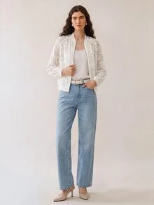 SHEIN Uhlyne Women's Elegant Fashion Hollow Embroidery Front Zipper Opening Small Stand Collar Long Sleeve Jacket, Fashionable Elegant Design Commuter Outfit White Top - White - View 4
