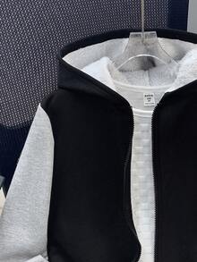 SHEIN 兒童青少年男孩開學休閒連帽撞色保暖內裡加厚梭織黑色秋冬外套，適合學校、花園、生日 - 黑色 - 查看 6
