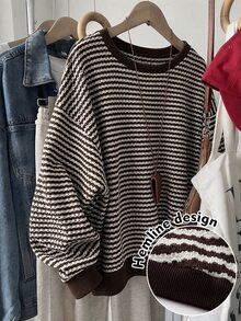 Modelyn 女款條紋圓領寬鬆落肩羅紋下擺休閒日常通勤百搭衛衣，秋冬款 - 彩色 - 查看 8