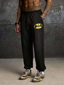 BATMAN X SHEIN Men's Drawstring Waist Pocket Casual Versatile Daily Travel Long Pants - Black - View 8