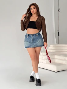 SHEIN EZwear Brown Sheer Mesh Short Jacket Plus Size - Brown - View 4