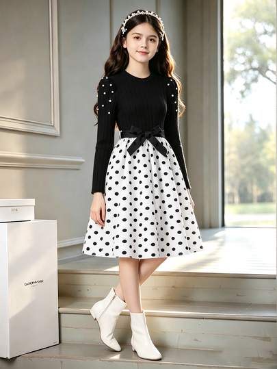 2Pcs Set Girls' Black Ribbed Knit Round Neck Pearl Puff Long Sleeve Dress With Woven Digital White Polka Dot Cinched Waist Belt Mid-Length Faux Two Pi