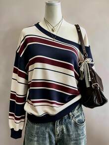Lalippa Sweatshirt Lengan Panjang Wanita Motif Garis-Garis Warna Blok Kasual Serbaguna untuk Sehari-hari - MultiWarna - View 1