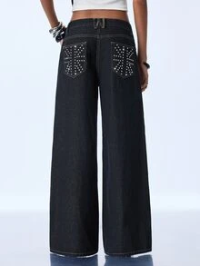 Y2Kool Women's Rivet Design Pocket Wide Leg Loose Casual Denim Jeans - Navy Blue - View 6
