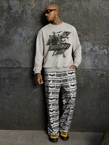 BATMAN X SHEIN Men's Cartoon Print Pullover Sweatshirt And Letter Print Pants Set - Grey - View 7
