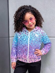 SHEIN 女童漸層豹紋寬鬆拉鍊運動外套夾克 幼兒上學穿著 7 歲生日母女套裝 戶外穿搭 藍色 秋季 - 彩色 - 查看 5