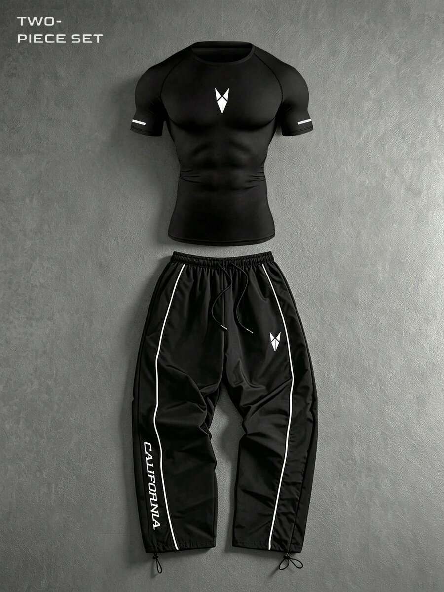 RISE LYT Men's Geometric Print Raglan Short Sleeve T-Shirt And Drawstring Waist Long Pants Sports Set - Black - View 1