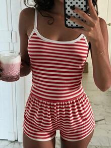 Franclia 女款休閒度假條紋細肩帶背心與短褲兩件套 - 酒紅色和杏色 - 查看 6