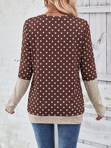 SHEIN LUNE Autumn New Multi-Color Small Round Neck Long Sleeve Colorblock Side Pleated Button Brown Polka Dot Casual Comfortable Women's T-Shirt - Multicolor - View 2