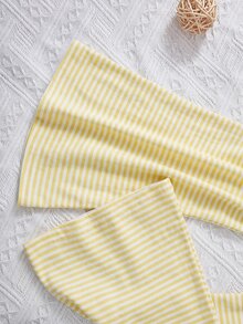 SHEIN 女童 3 件式針織套裝，含修身休閒細肩帶背心、開襟外套與喇叭褲 - 黃色 - 查看 6