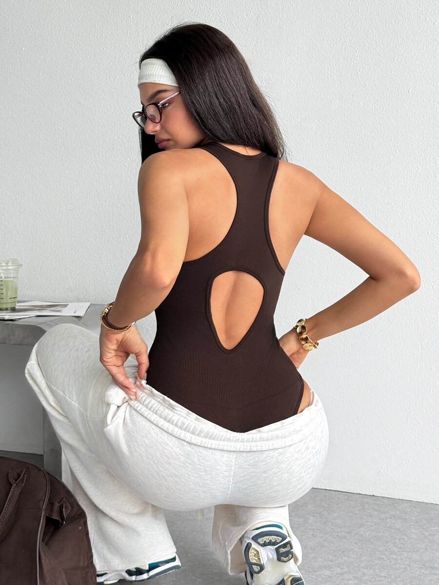 SHEIN Sports بدلة نسائية بلون موحد كاجوال للاستخدام اليومي والرياضة الخارجية - بني - مشاهدة 1