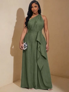 SHEIN Clasi Plus Size Women's Solid Color One Shoulder Sleeveless Patchwork Ruffle Elegant Vacation Dress - Mint Green - View 7