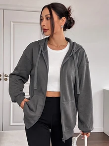 SHEIN EZwear 休閒運動灰色開襟連帽大尺碼夾克 - 深灰色 - 查看 4