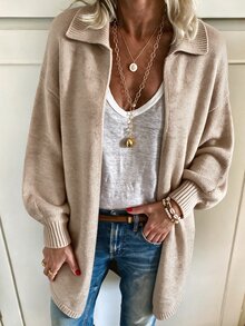 Balvessa Polo Collar Drop Shoulder Loose Ribbed Cuffs Lantern Long Sleeve Mid-Length Asymmetrical Curved Hem Casual Women's Cardigan - Khaki - View 6