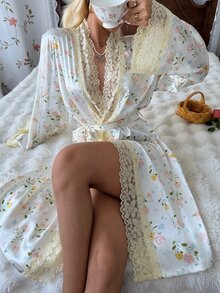 CottageSlumber 1pc Women's Sexy Faux Silk Lace Print Long Sleeve Short Robe - Beige - View 3