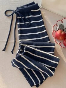 Comfortcana Plus Size Casual Colorblock Striped Knit Long Pants, Autumn/Winter Fall - Navy Blue - View 1