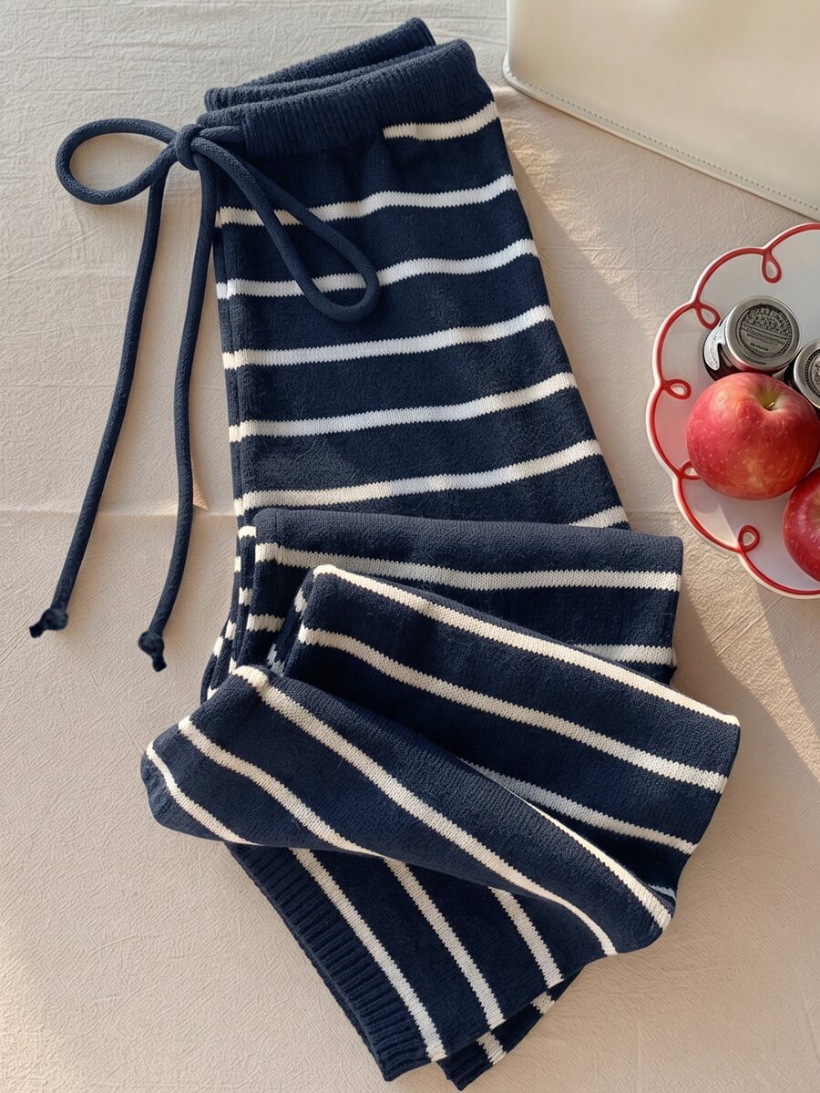 Comfortcana Plus Size Casual Colorblock Striped Knit Long Pants, Autumn/Winter Fall - Navy Blue - View 1