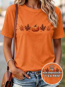 SHEIN Women's Pumpkin Print Round Neck Short Sleeve T-Shirt Holiday - Multicolor - View 1