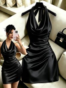 Selianne New Elegant Women's Solid Color Draped Neck Backless Dress, Fitted Waist, Tailored Fit. Suitable For Various Occasions Including Summer Vacation, Spring/Summer Commute, Home Leisure, Dating, Daily Wear, Party, Beach, Graduation Season And Office - Black - View 1
