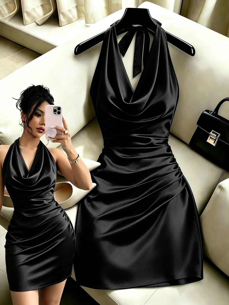 Selianne New Elegant Women's Solid Color Draped Neck Backless Dress, Fitted Waist, Tailored Fit. Suitable For Various Occasions Including Summer Vacation, Spring/Summer Commute, Home Leisure, Dating, Daily Wear, Party, Beach, Graduation Season And Office - Black - View 1