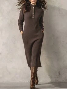LUMIGAL Women's Metal Button High Neck Brushed Ribbed Straight Long Sleeve Loose Mid-Length Dress Casual Commute - Brown - View 4
