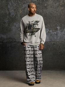 BATMAN X SHEIN Men's Cartoon Print Pullover Sweatshirt And Letter Print Pants Set - Grey - View 3