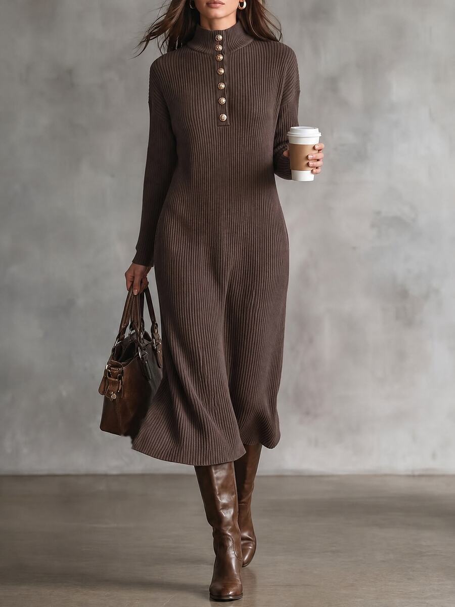 LUMIGAL Women's Metal Button High Neck Brushed Ribbed Straight Long Sleeve Loose Mid-Length Dress Casual Commute - Brown - View 1