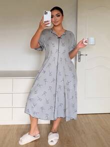 Napfluff CURVE Napfluff CURVE Plus Size Women's Short Sleeve Nightgown With Heart Print And Bow Decor Collar - Grey - View 3