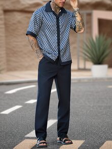 Manfinity Homme 男士菱格紋印花單排扣襯衫與口袋長褲套裝 - 藏蓝色 - 查看 6