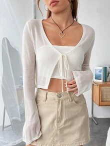 SHEIN EZwear 女款極簡百搭前綁帶長袖針織開襟衫 - 白色 - 查看 1