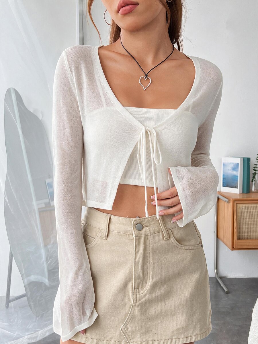 SHEIN EZwear 女款極簡百搭前綁帶長袖針織開襟衫 - 白色 - 查看 1