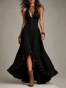 Everyssa Women's Solid Color Pleated Slit Design Casual Sexy Party Vacation Night Out Gathering Halter Neck Dress Halloween Black Summer - Black - View 1
