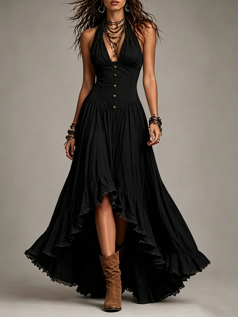 Everyssa Women's Solid Color Pleated Slit Design Casual Sexy Party Vacation Night Out Gathering Halter Neck Dress Halloween Black Summer - Black - View 1