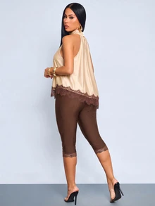 SOLERSUN Women's French Lace Patchwork Halter Top And Fitted Capri Pants 2 Pieces Set Going Out Night Out Cream Shades Of Brown Summer Sexy - Apricot - View 3