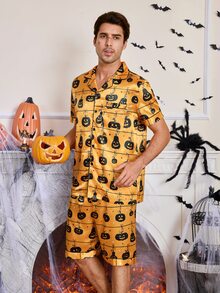 CoupledUp Cartoon Halloween Element Print Faux Silk Men's Pajama Set - Orange - View 2