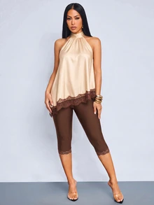 SOLERSUN Women's French Lace Patchwork Halter Top And Fitted Capri Pants 2 Pieces Set Going Out Night Out Cream Shades Of Brown Summer Sexy - Apricot - View 7