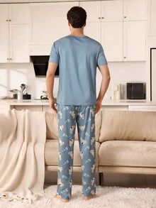 CoupledUp Men's Knit Crew Neck Short Sleeve Long Pants Star & Moon Print Pajama 2 Pieces Set - Multicolor - View 3