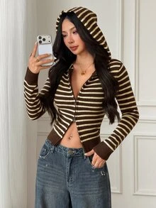 SHEIN PETITE Women's Petite Multi-Colored Striped Warm Cardigan Sweater For Casual Workwear - Brown - View 1