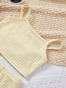 SHEIN 女童 3 件式針織套裝，含修身休閒細肩帶背心、開襟外套與喇叭褲 - 黃色 - 查看 4