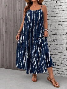 SHEIN VCAY Plus Size Tree Print Strap Vacation Dress - Navy Blue - View 5