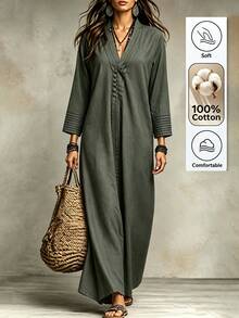 Omancia Women's Long Sleeve Button-Up Loose Fit Dress - Black - View 1