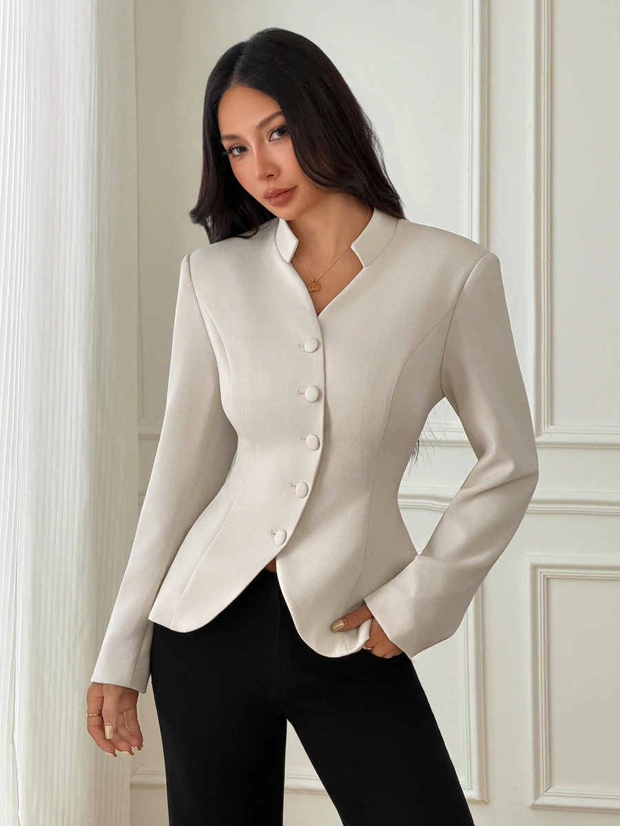 SHEIN PETITE Elegant, Minimalist White Blazer With A Small Stand Collar For Petite Women-Perfect For Work. - White - View 1