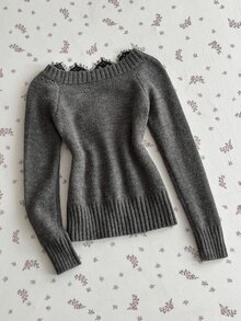 Elamini Sweater Wanita Berenda Leher V dengan Pinggang Berkerut - Grey - View 2