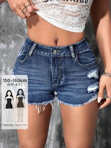 SHEIN PETITE Celana Pendek Denim Kasual Wanita dengan Saku dan Ujung Bawah yang Robek - Medium Wash - View 1
