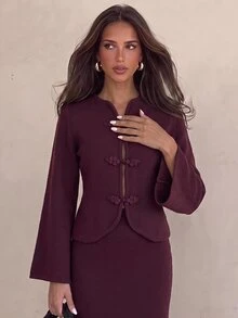 Aloruh Women's Ruyi Button Knit Sweater & Skirt Set - Burgundy - View 2