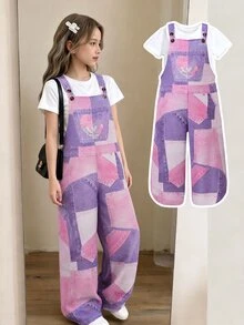 SHEIN 青少年女孩秋季休閒 Y2K 可愛時尚數位印花前扣式吊帶褲 校園風 白色紫色 - 彩色 - 查看 1